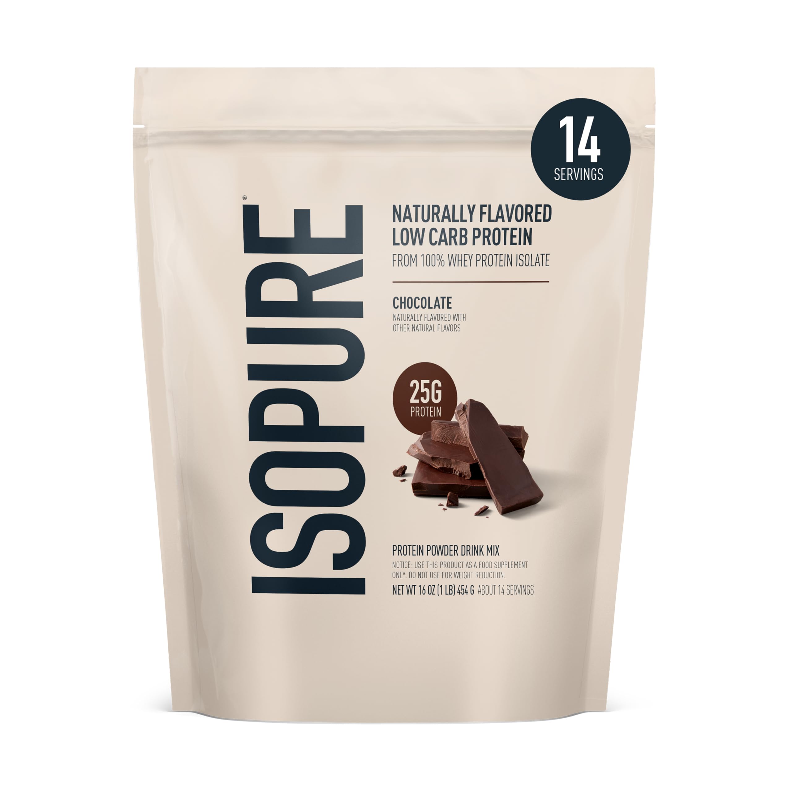 Isopure dark chocolate whey isolate bag with 25g protein per serving for daily use