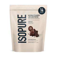Isopure dark chocolate whey isolate bag with 25g protein per serving for daily use
