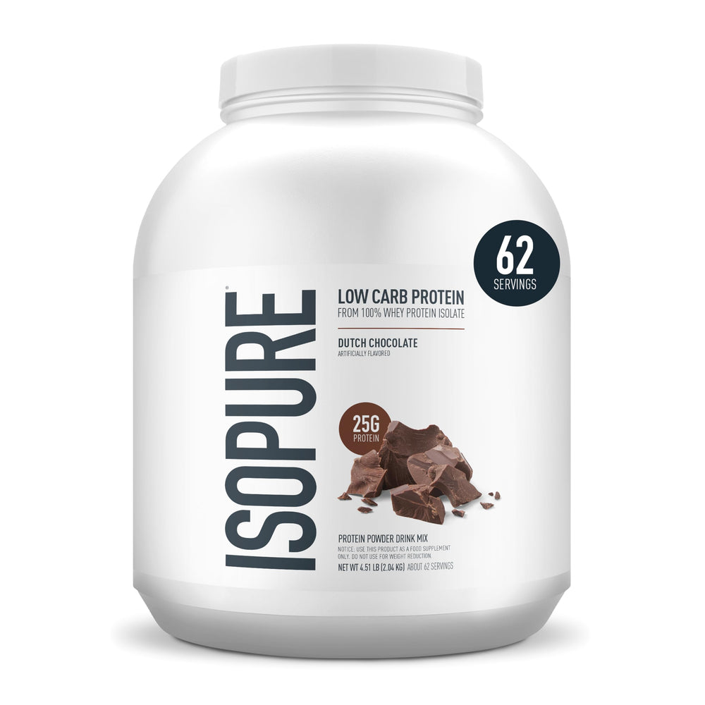 Isopure Dutch Chocolate container showing high-protein whey isolate per serving.