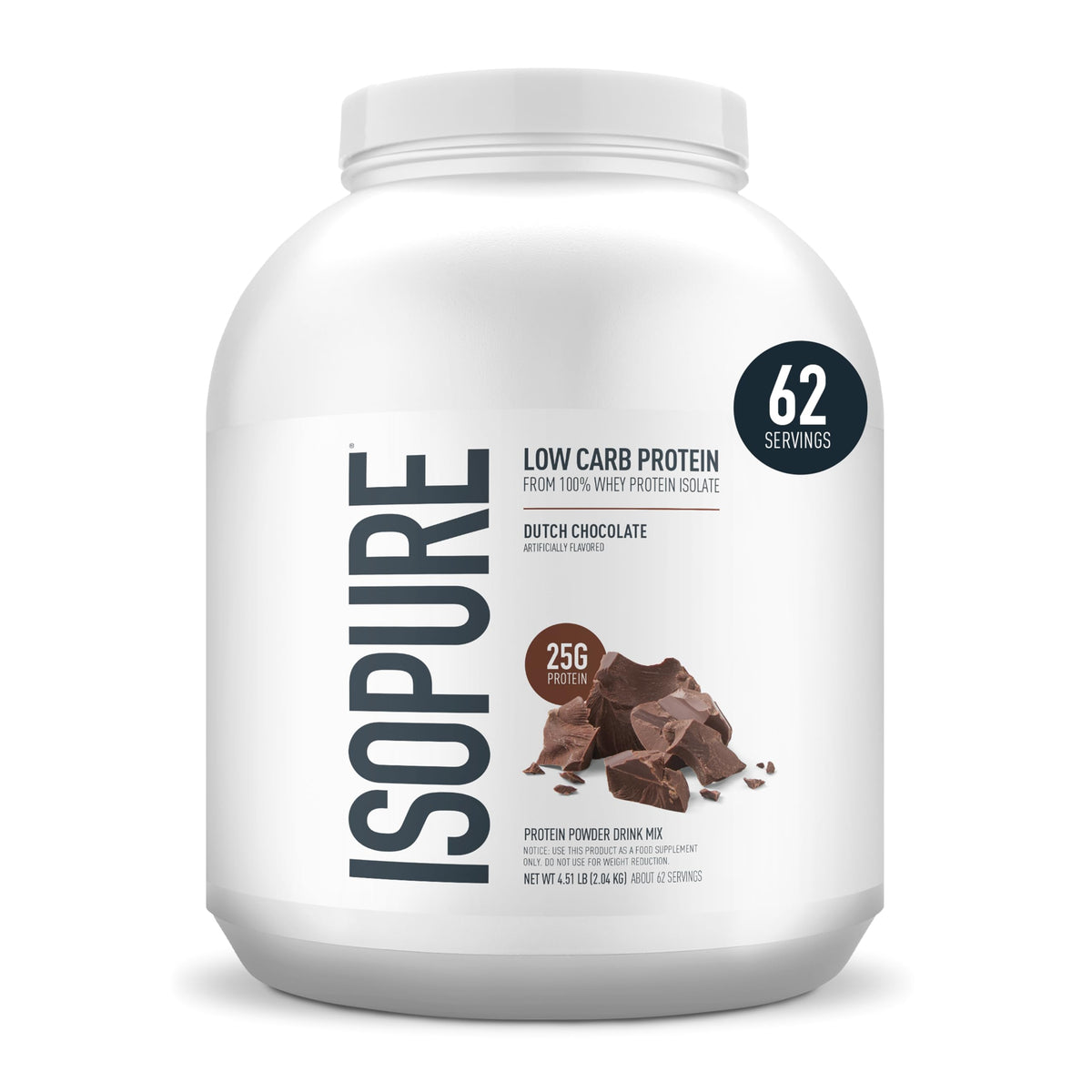 Isopure Dutch Chocolate container showing high-protein whey isolate per serving.