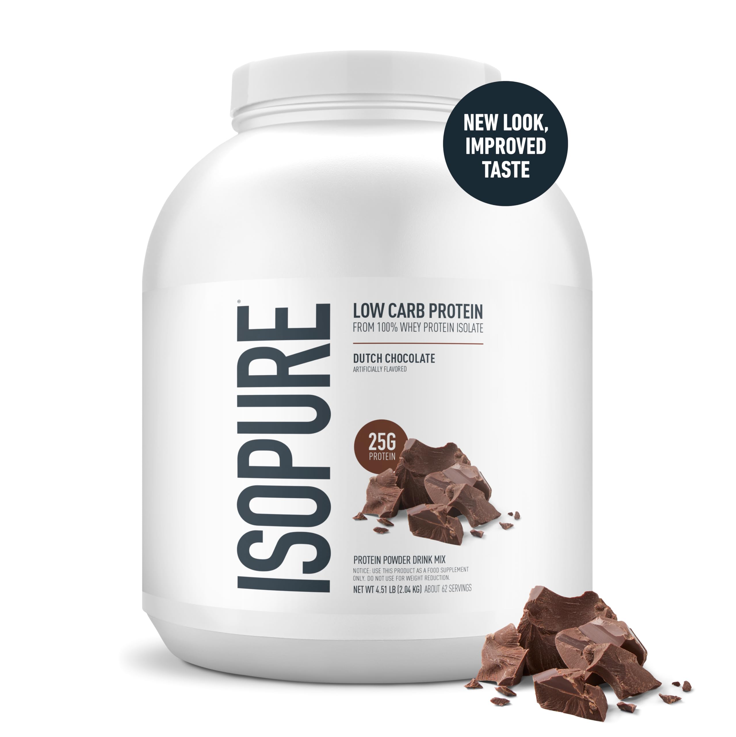 Isopure Dutch Chocolate label highlighting gluten-free and zero sugar formula.