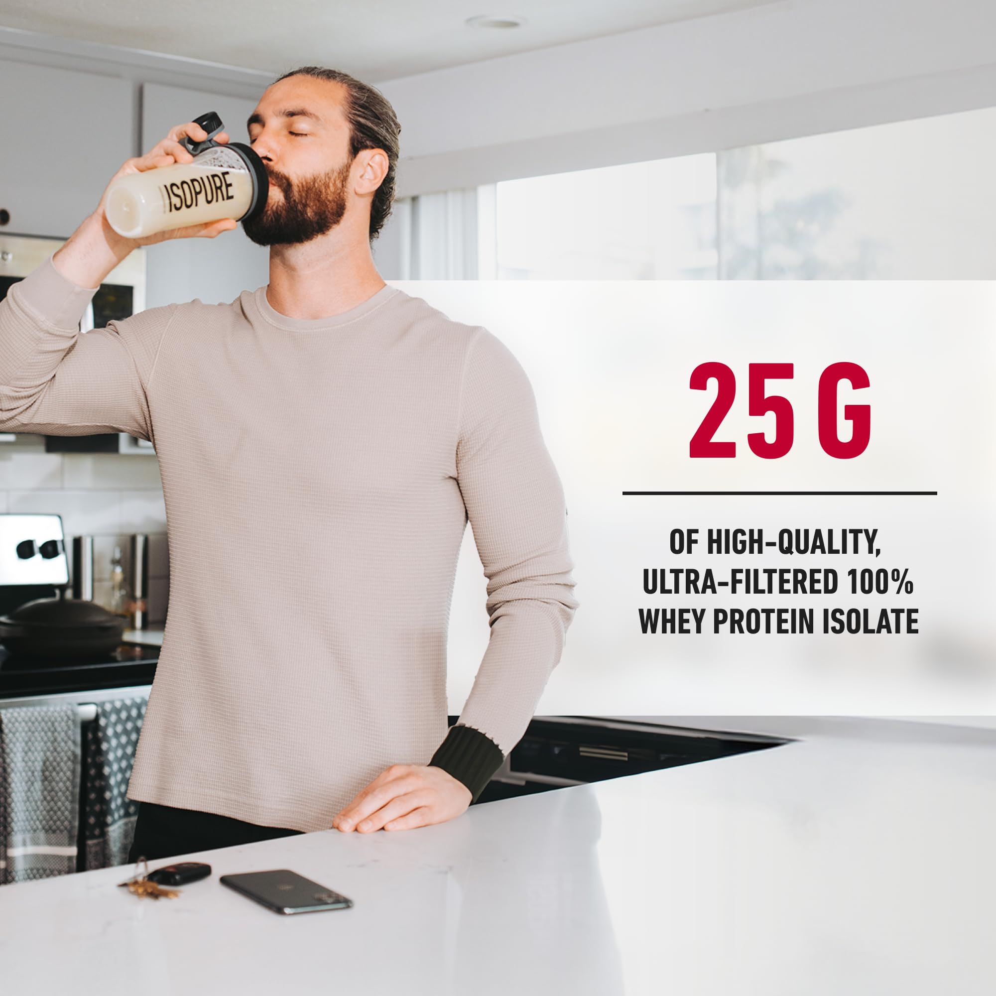 Gluten-free and keto-friendly Isopure protein powder in a ready-to-use jar