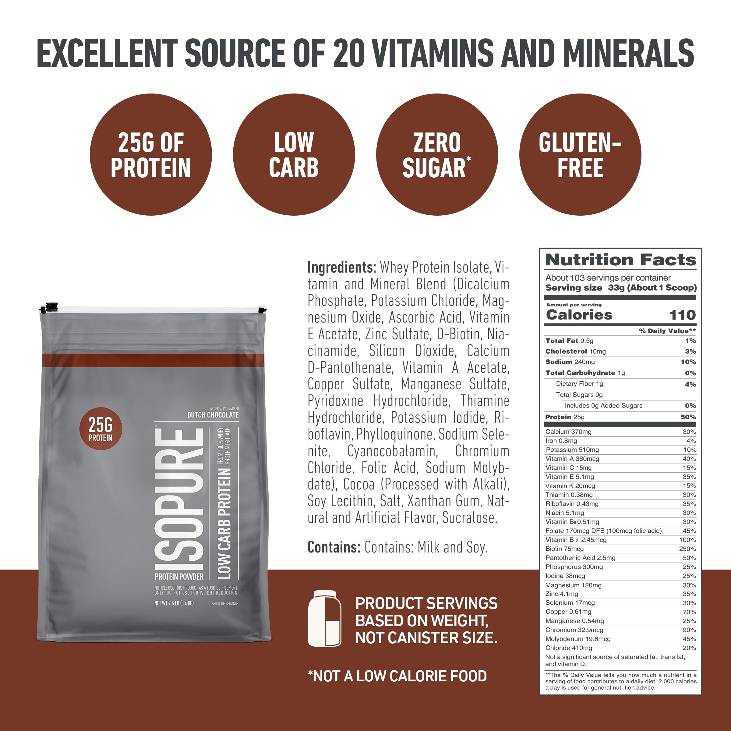 Isopure gluten-free label on tub highlights allergen-friendly option.