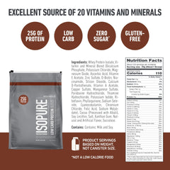 Isopure gluten-free label on tub highlights allergen-friendly option.