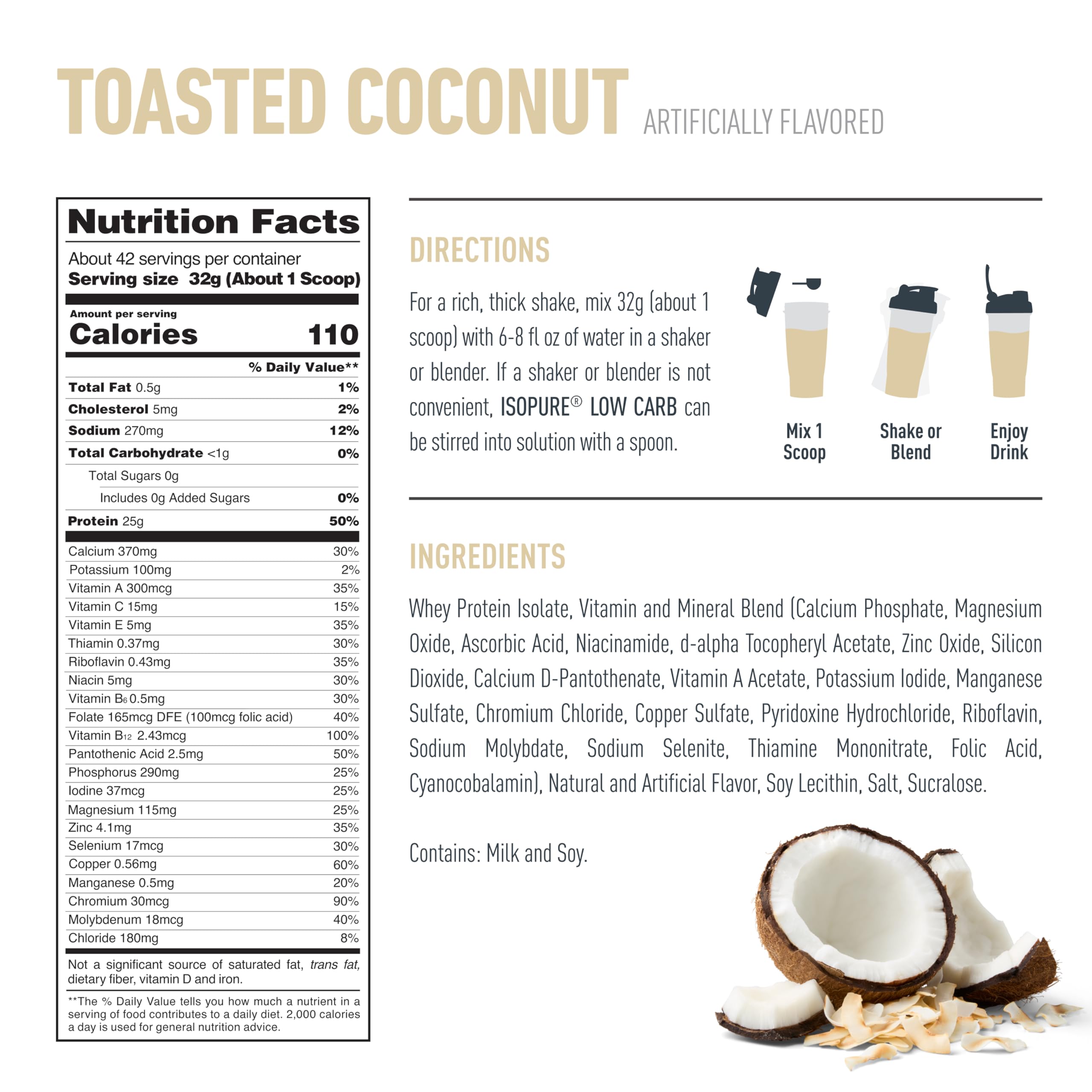 Isopure gluten-free label on tub highlights sugar-free, low-carb formula.