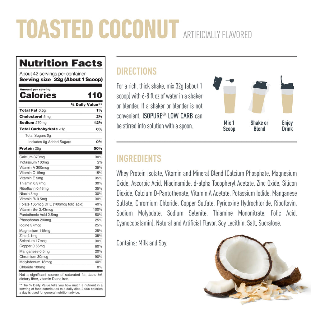 Isopure gluten-free label on tub highlights sugar-free, low-carb formula.