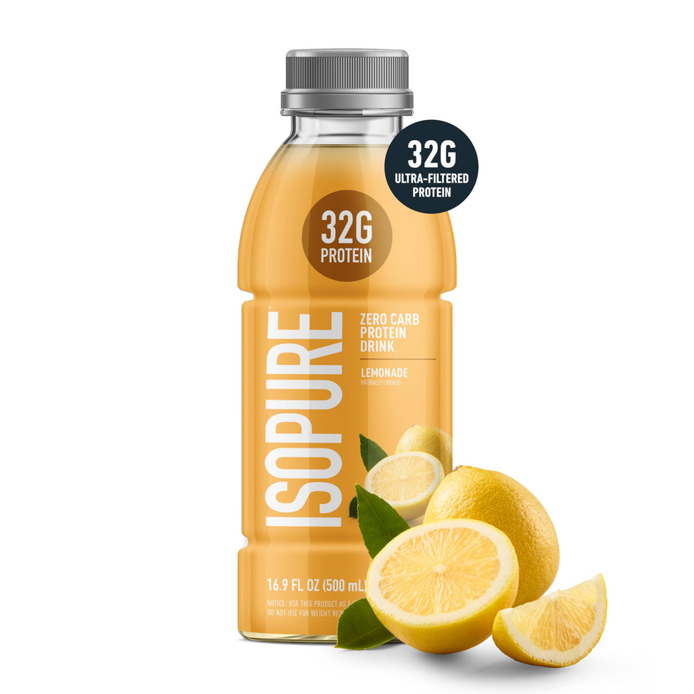 Isopure Lemonade Clear Protein bottle side view, ultra-filtered whey for clean nutrition