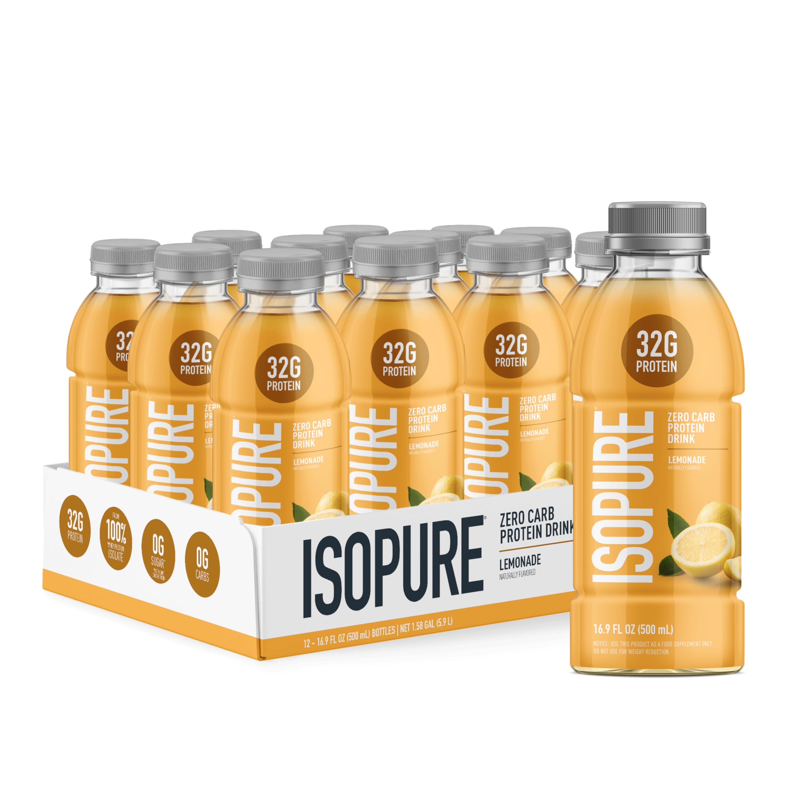Isopure Lemonade Clear Protein bottle top view, refreshing post-workout option with zero sugar