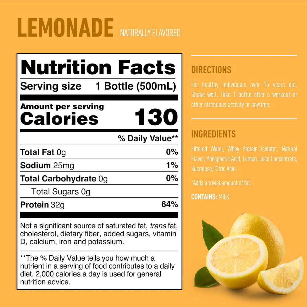 Isopure Lemonade Clear Protein packaging, shows 32g whey and zero sugar per bottle
