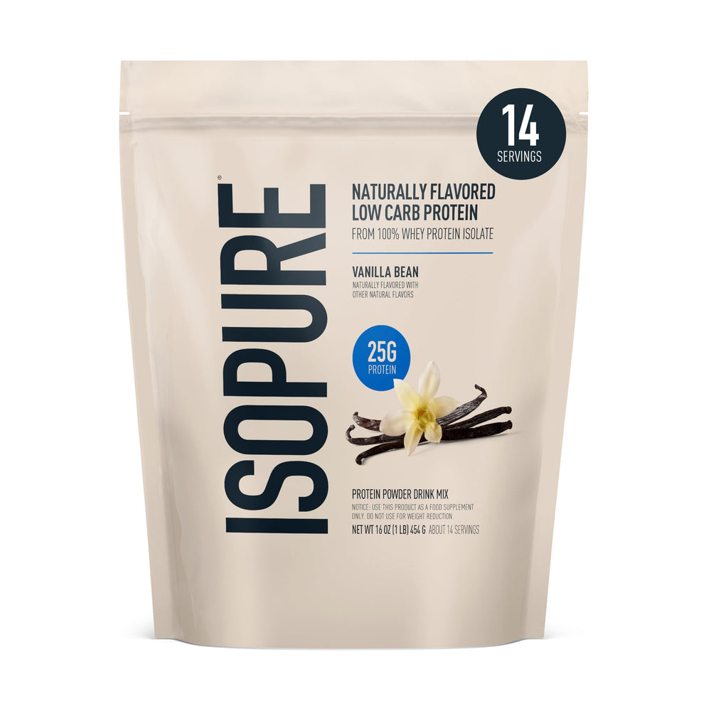 Isopure Vanilla Bean whey isolate bottle for lactose-free shakes.