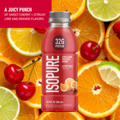 Nutrition label closeup highlights 32g whey protein isolate per bottle.