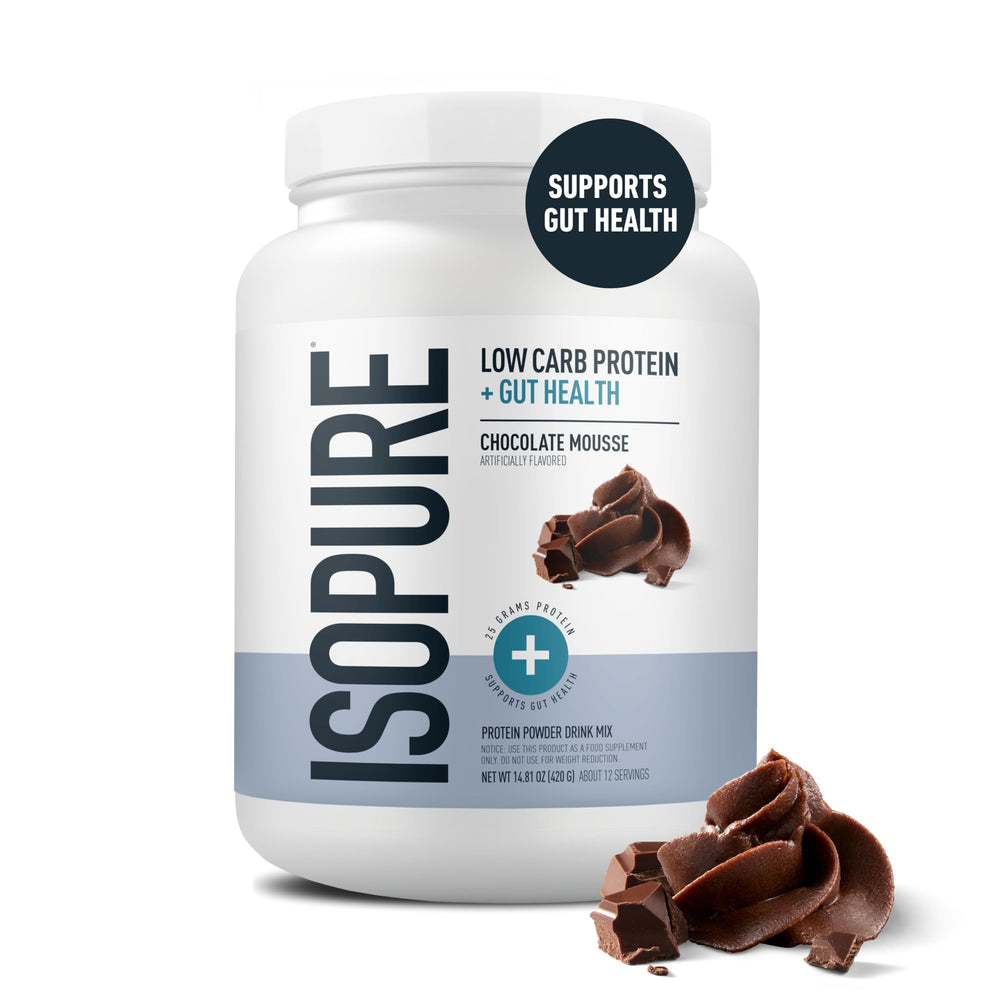 Isopure protein tub closeup with label and scoop
