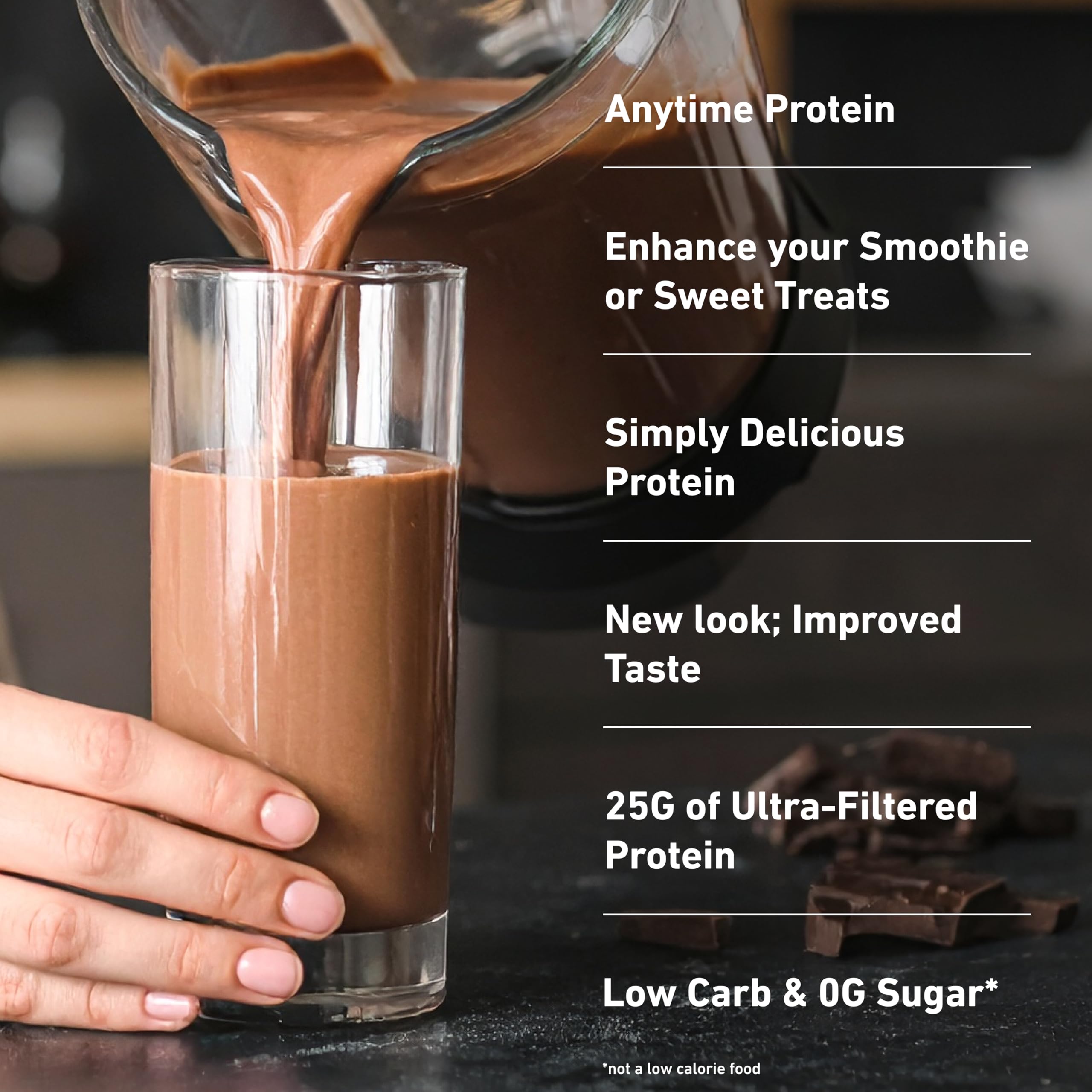 Isopure shake in glass showcases smooth Dutch Chocolate flavor.