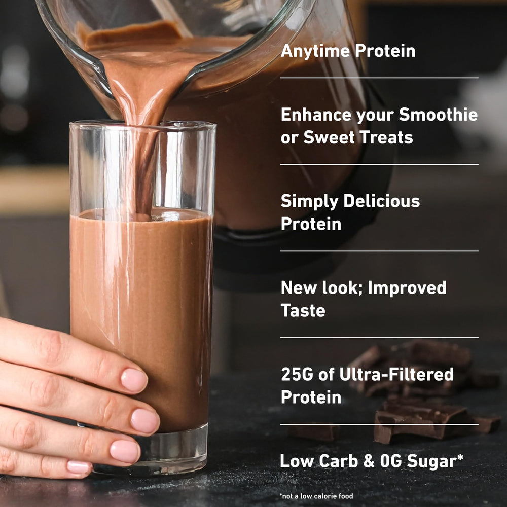 Isopure shake in glass showcases smooth Dutch Chocolate flavor.