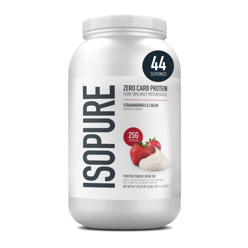 Isopure Strawberries and Cream whey isolate container label visible.