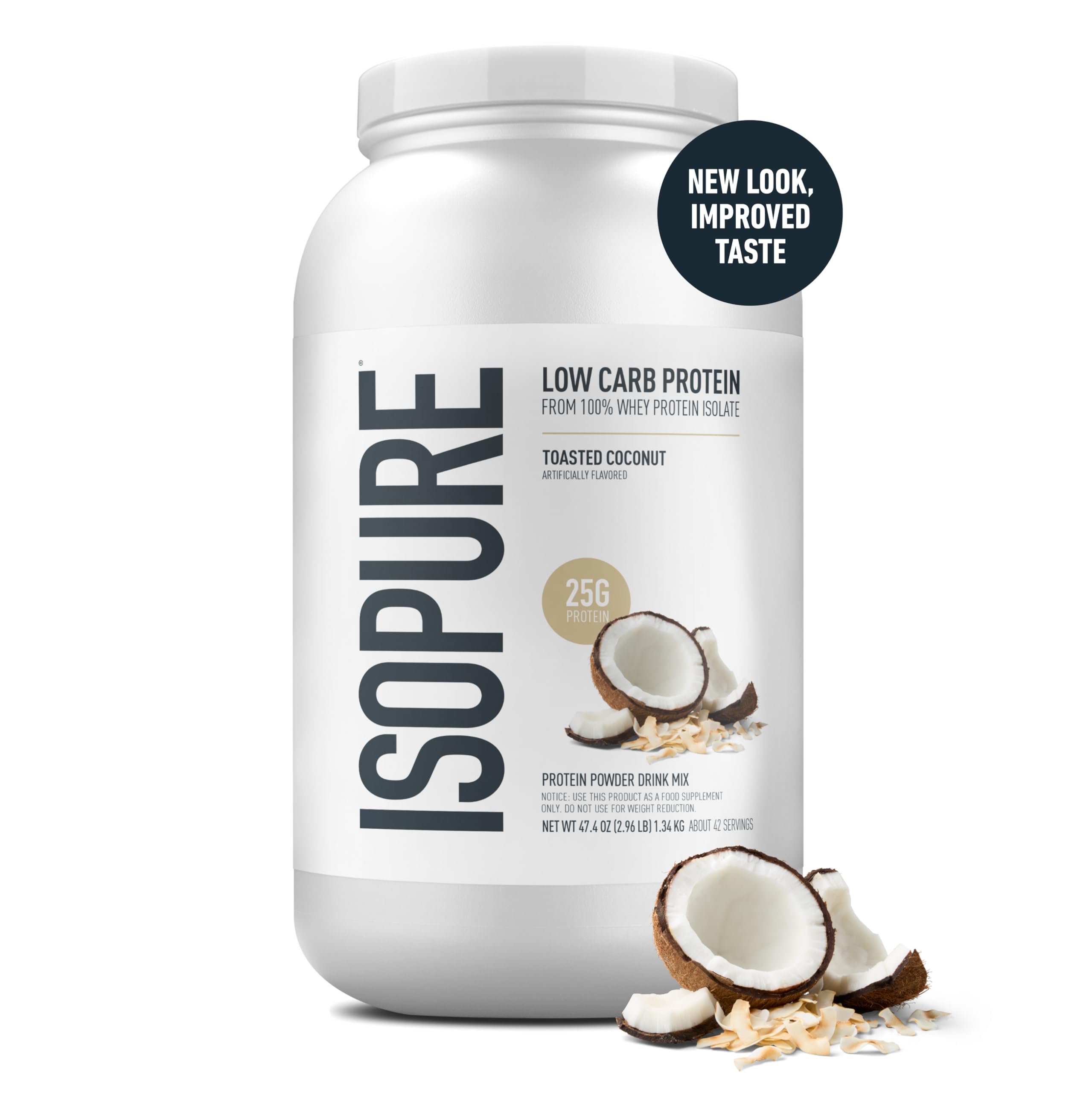 Isopure Toasted Coconut whey powder scoop on tub for precise servings.