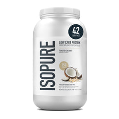 Isopure Toasted Coconut whey powder tub ready for quick shakes.