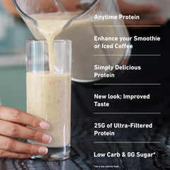 Isopure Toasted Coconut shake in glass showing creamy texture.