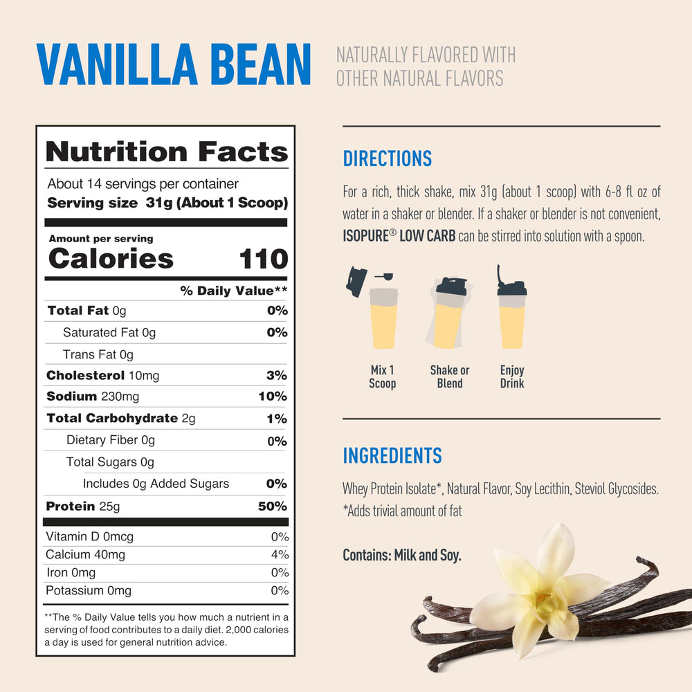 Chilled beverage made with Isopure Vanilla Bean protein powder.