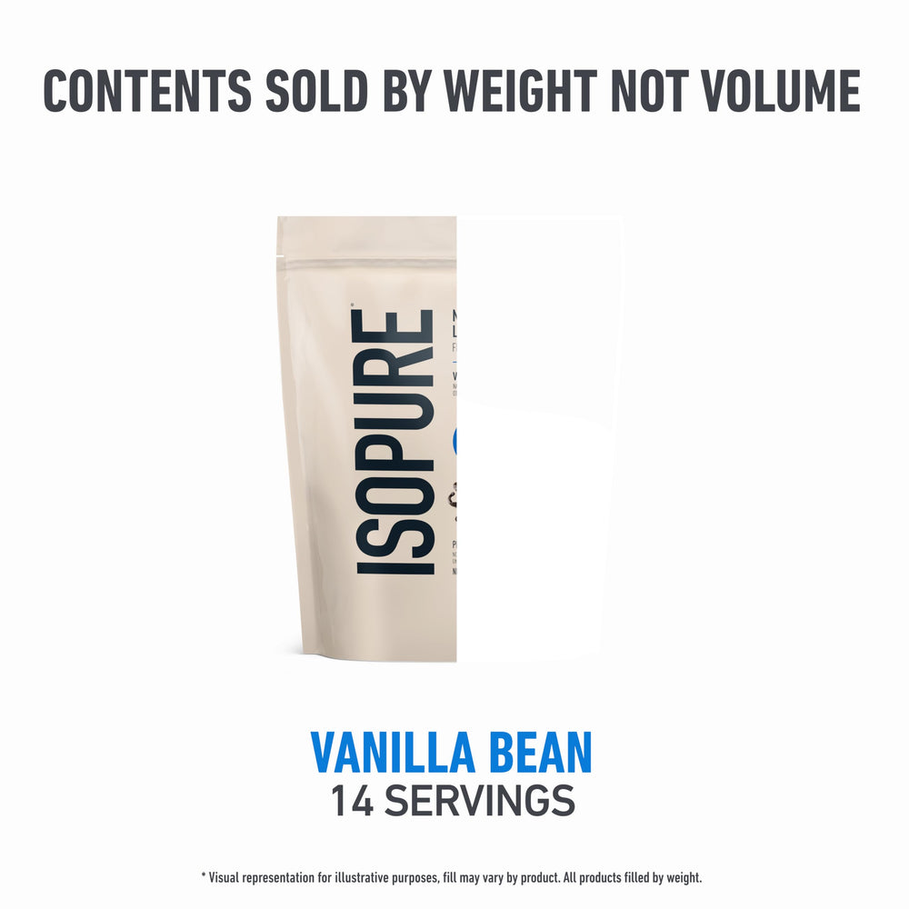 Isopure Vanilla Bean bag on kitchen counter for quick protein.