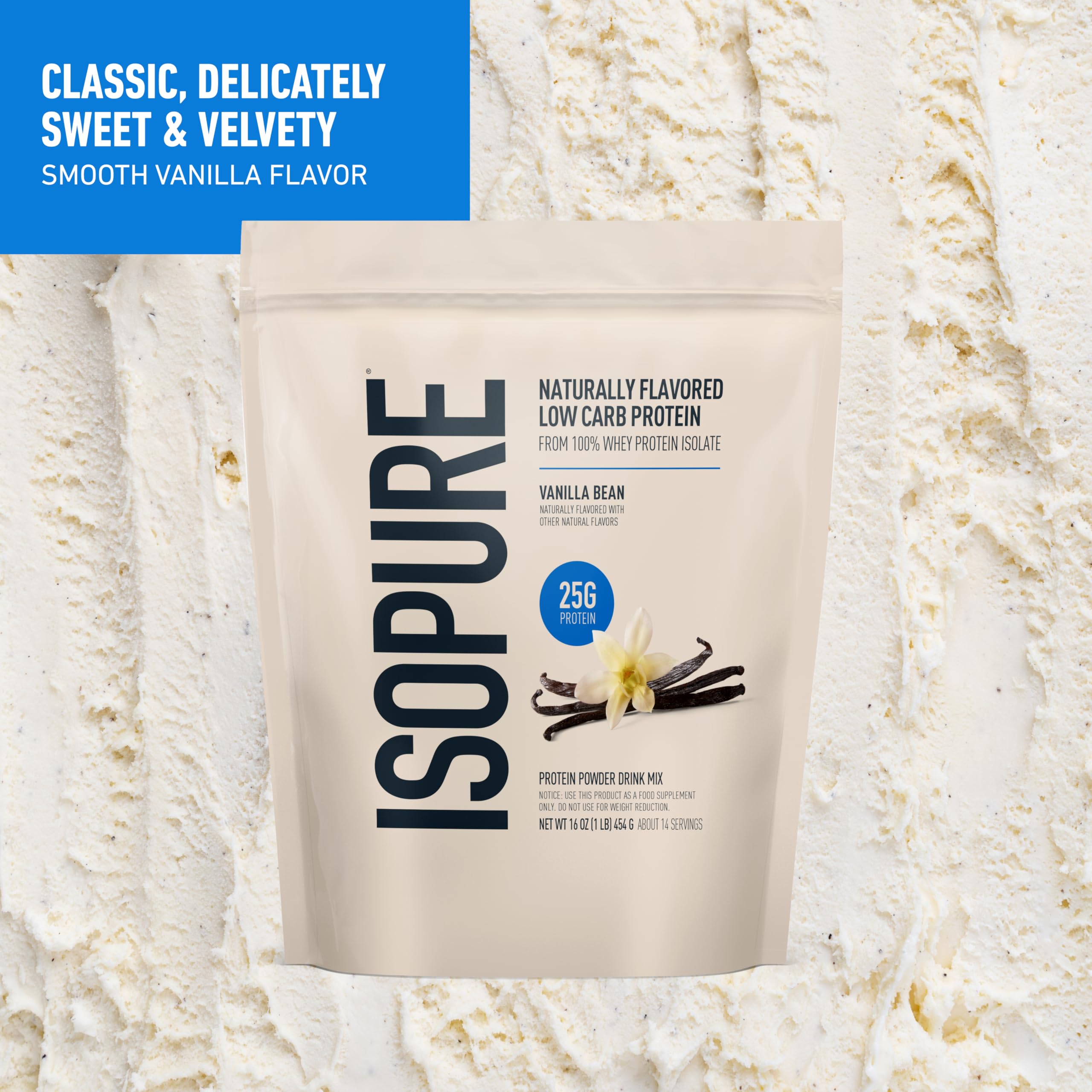 Scoop of Isopure Vanilla Bean powder ready to mix.