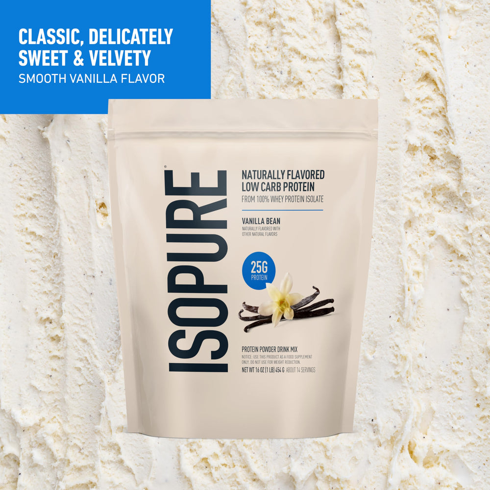 Scoop of Isopure Vanilla Bean powder ready to mix.