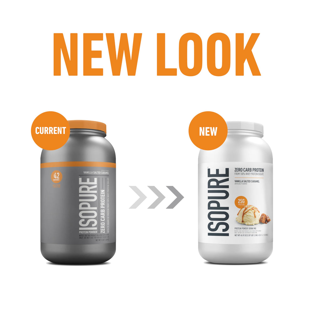 Isopure scoop beside vanilla salted caramel whey powder for precise servings.