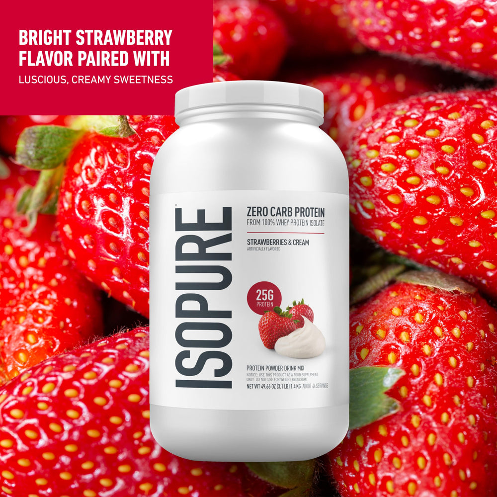 Nutrition facts panel of Isopure whey isolate powder.