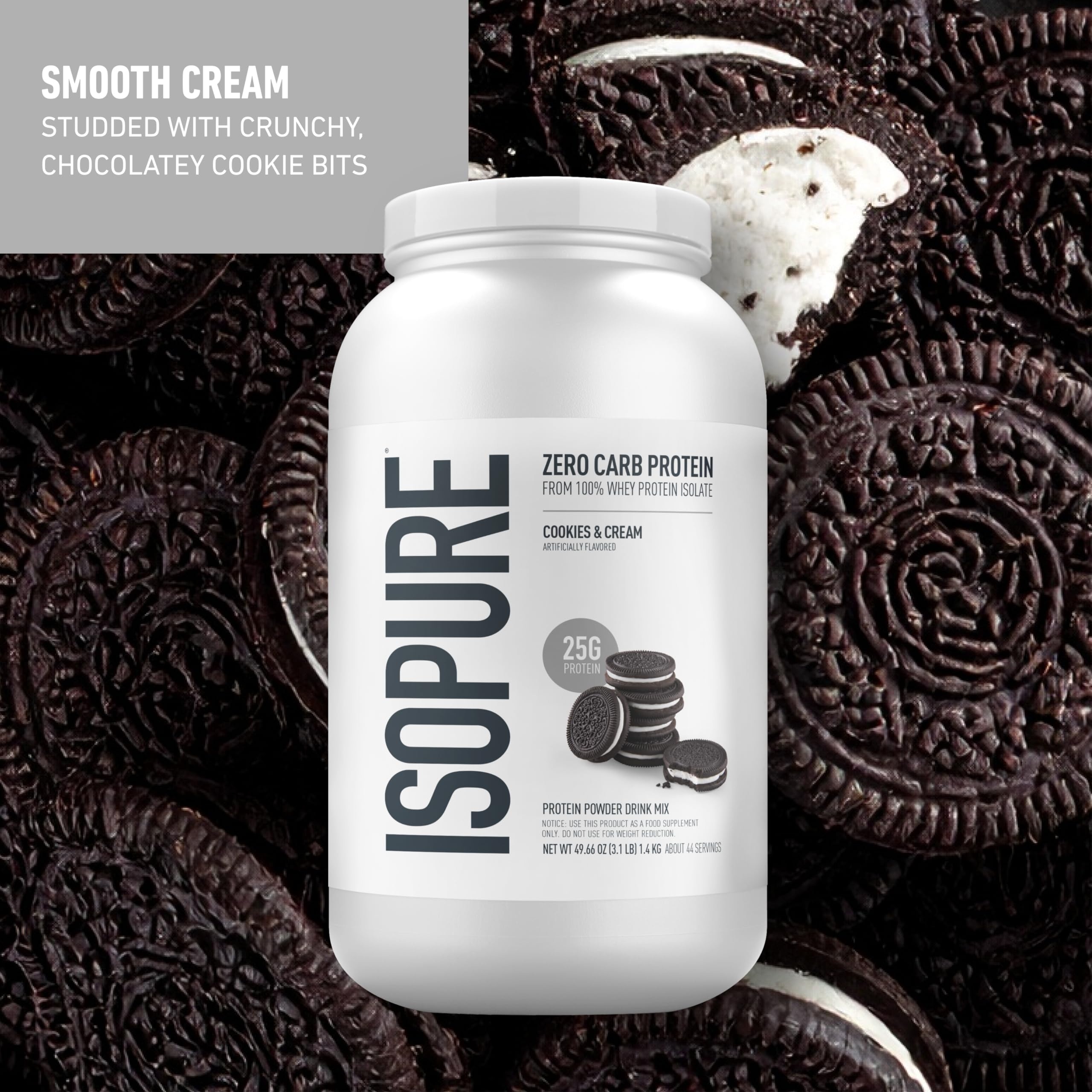 Nutrition label on Isopure whey protein isolate tub