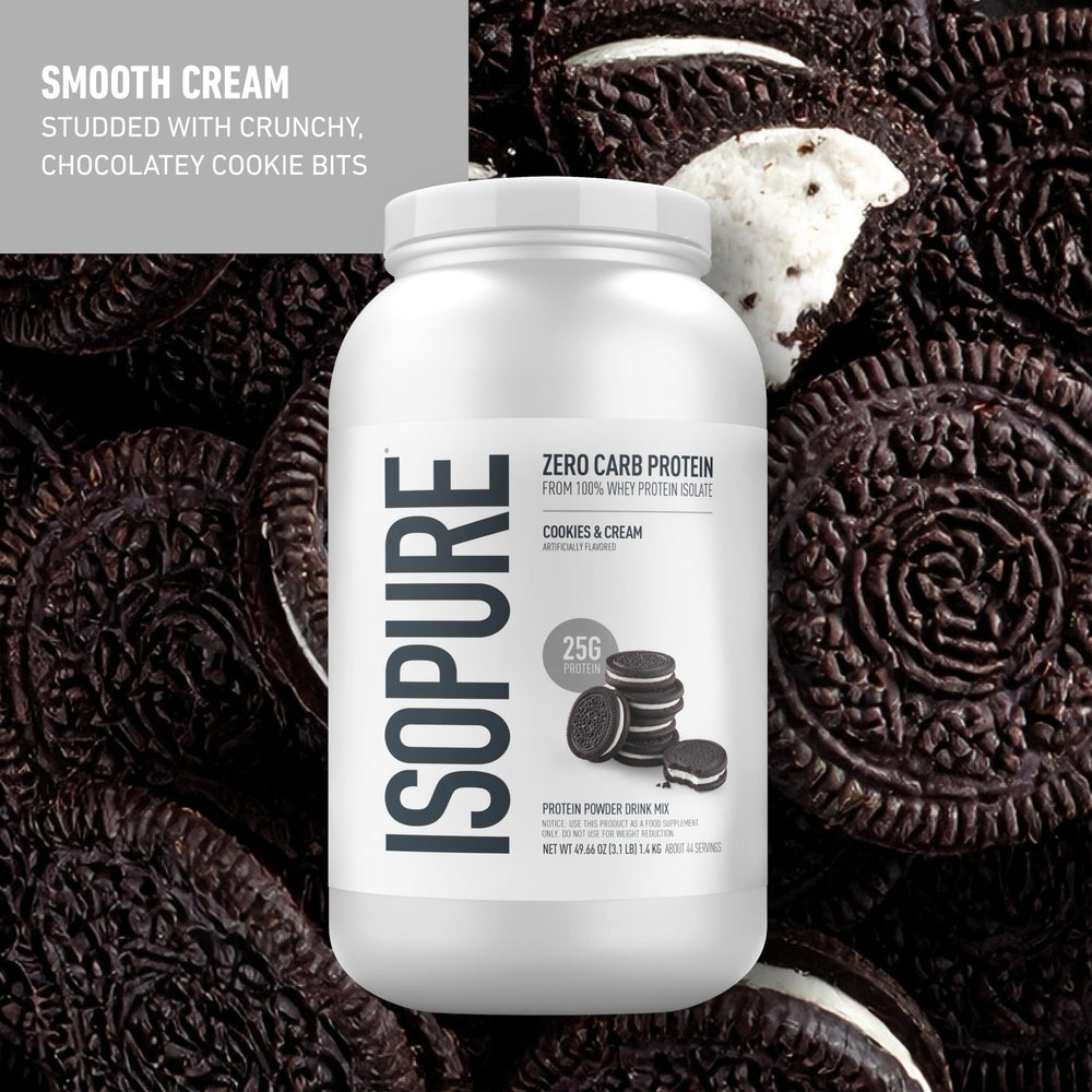 Nutrition label on Isopure whey protein isolate tub