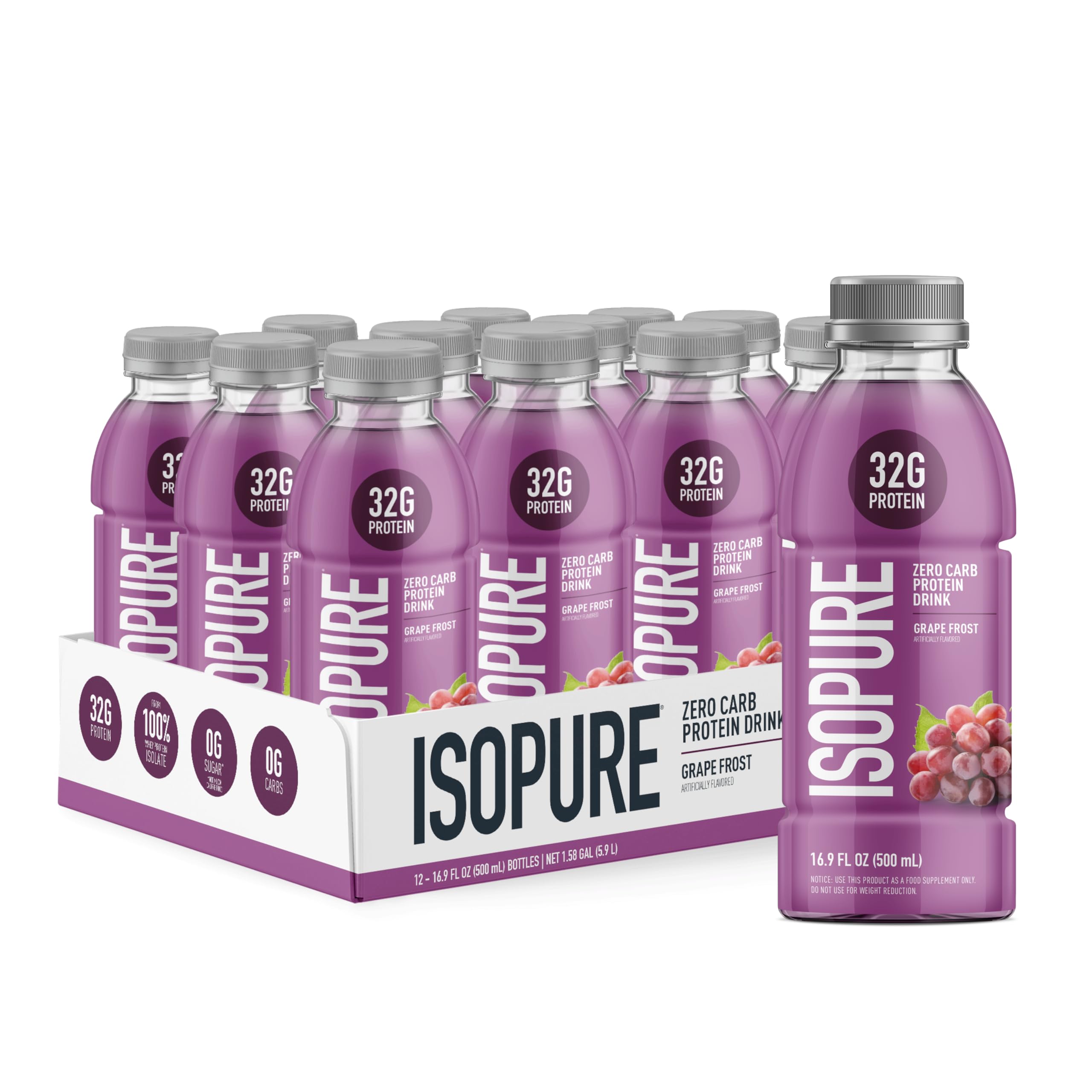 Isopure Zero Carb 32g Grape Frost bottle ready for post-workout recovery.
