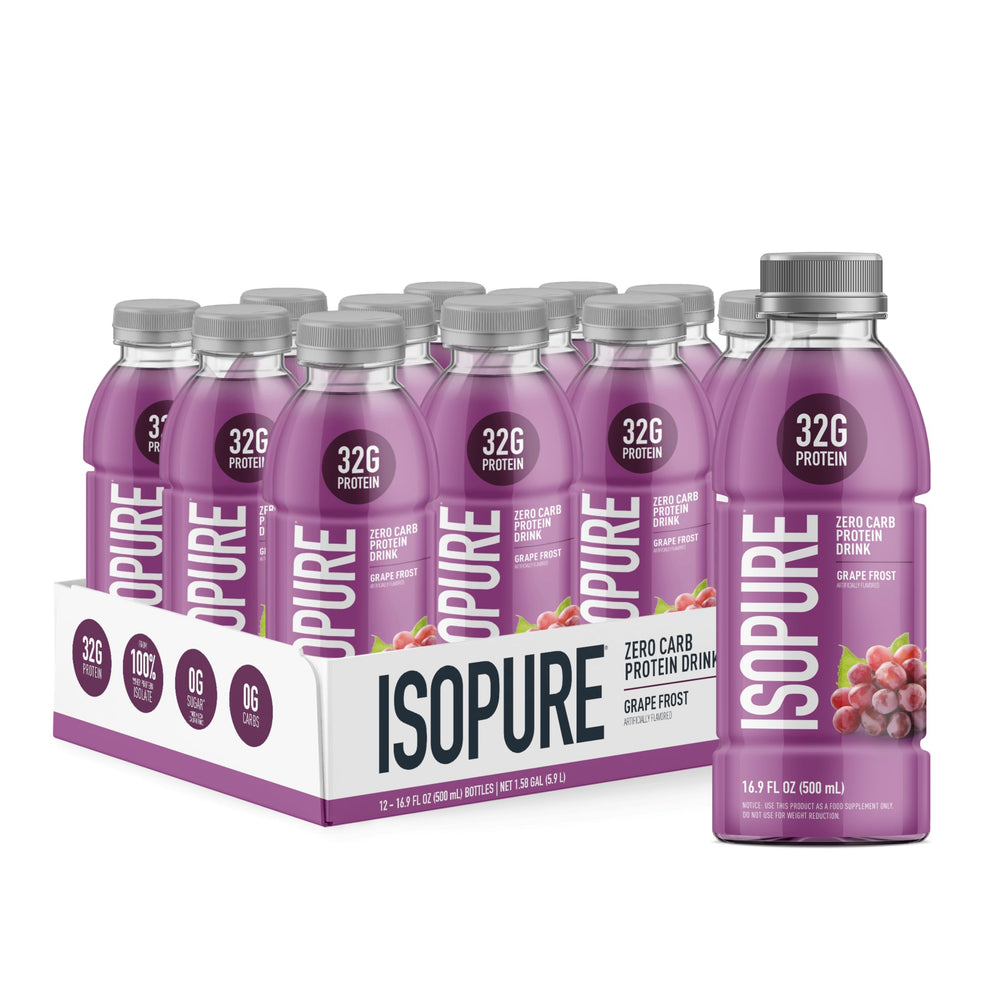 Isopure Zero Carb 32g Grape Frost bottle ready for post-workout recovery.