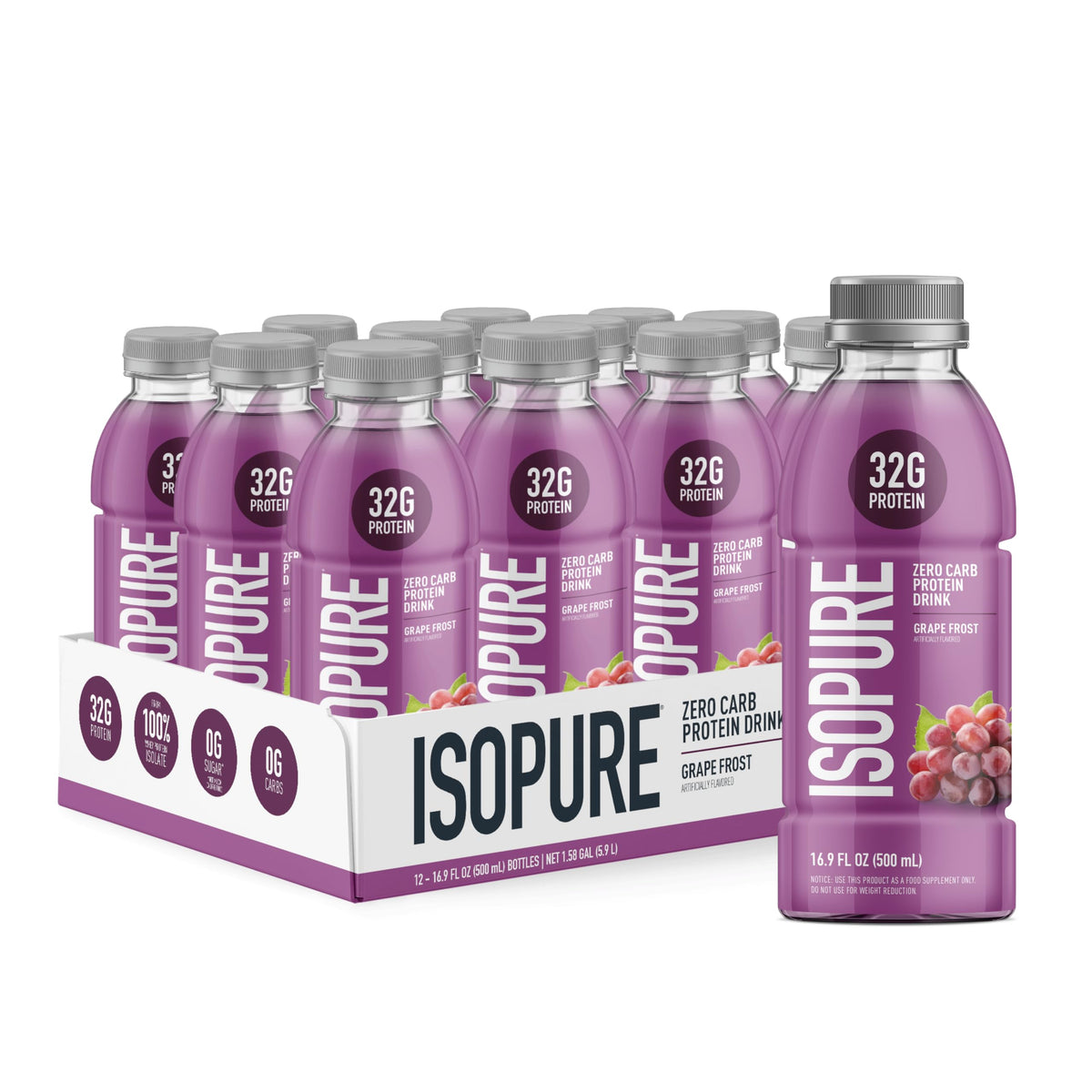 Isopure Zero Carb 32g Grape Frost bottle ready for post-workout recovery.