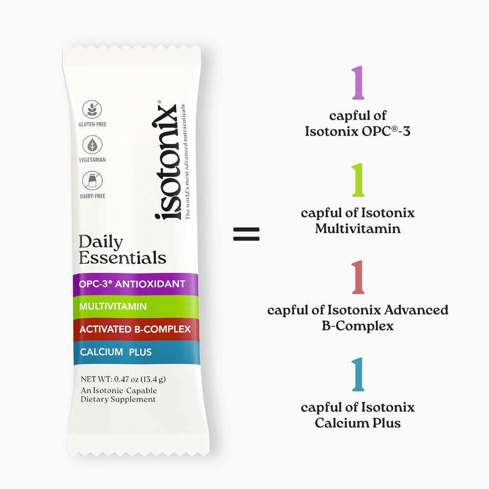 Isotonix Daily Essentials bottle and sachets on a kitchen counter suggest portability.