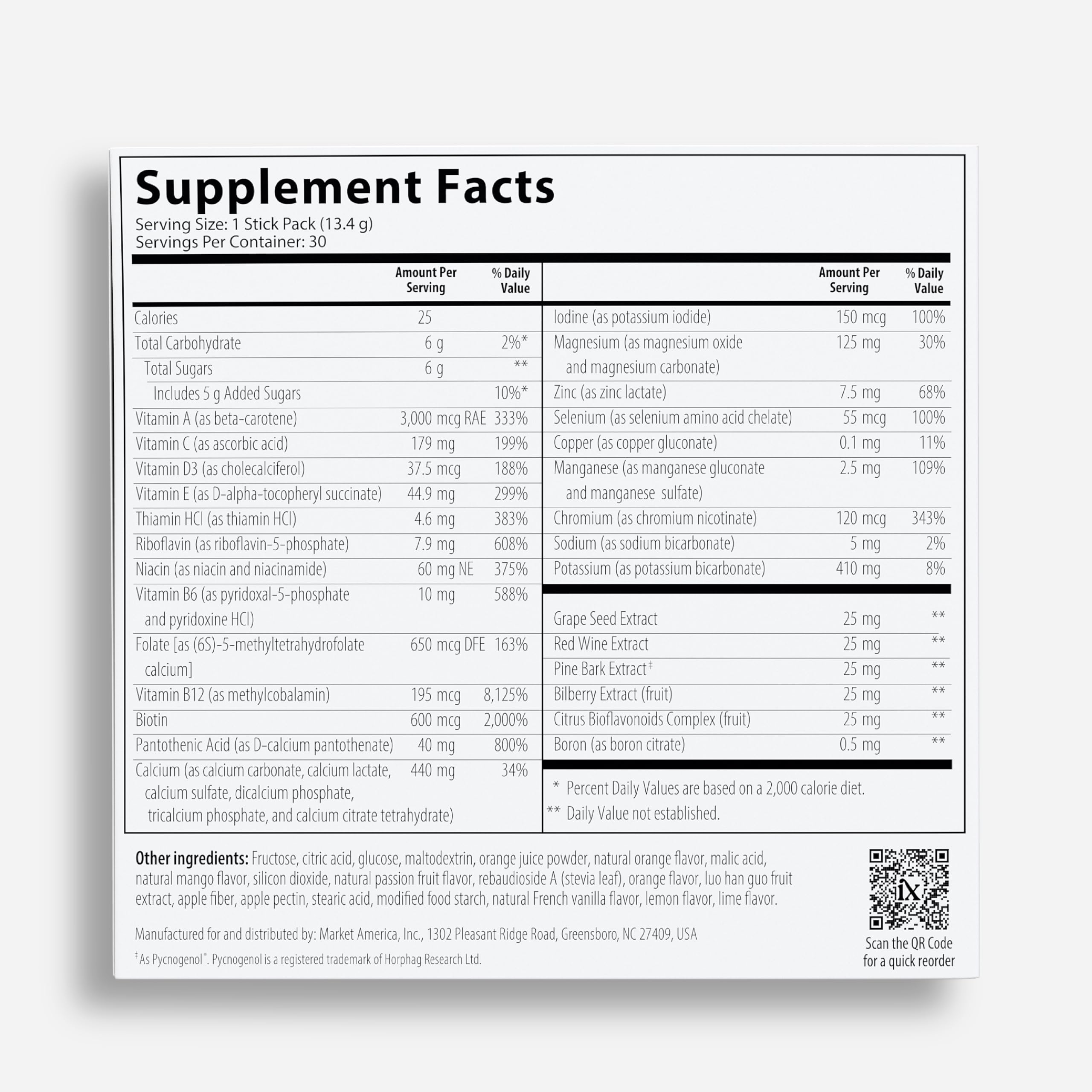 Isotonix Daily Essentials packets with glass of water on a kitchen counter.