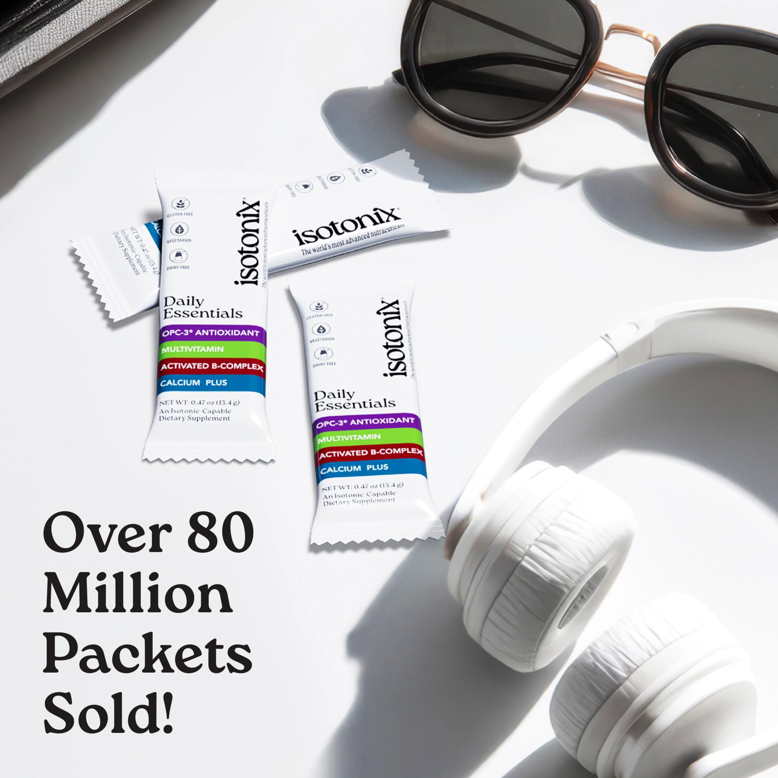 Isotonix Daily Essentials open pack showing powder ready to mix quickly.
