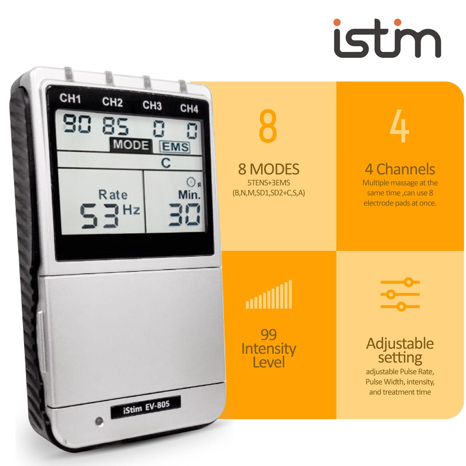 ISTIM EV-805 four-channel outputs allow simultaneous TENS and EMS sessions.