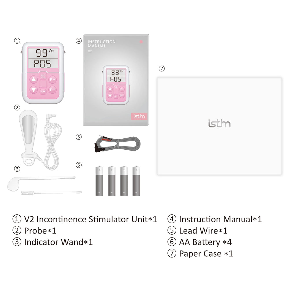 box of iStim V2 packaging with all included components