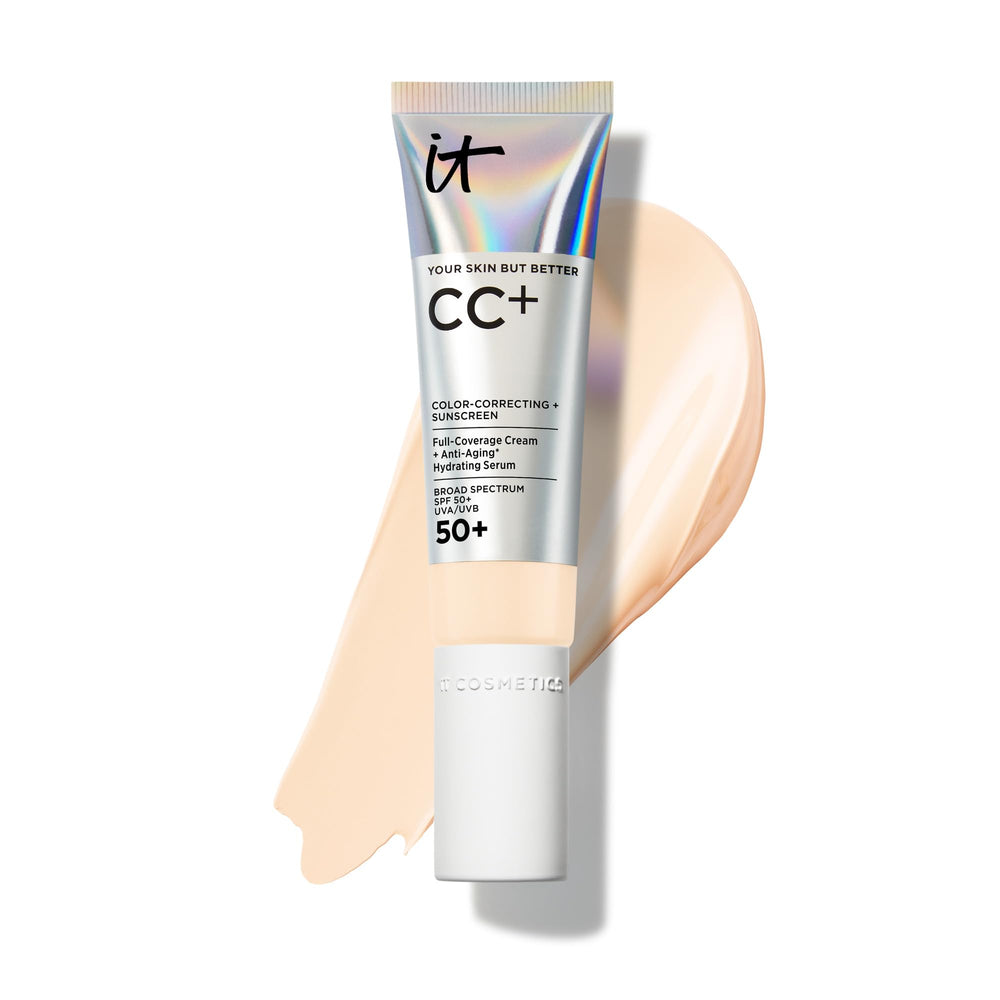 IT Cosmetics CC+ Cream Fair Warm bottle showing full coverage and SPF protection for daily wear