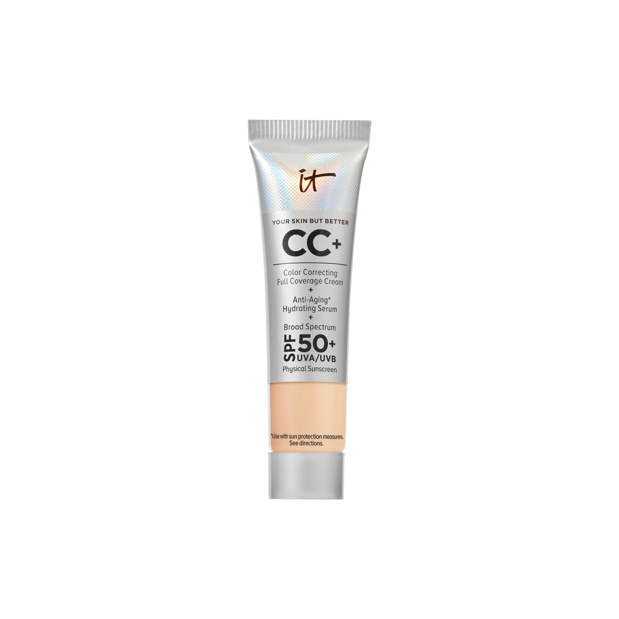 IT Cosmetics CC Plus Travel bottle pump shows portable packaging with SPF 50+ protection