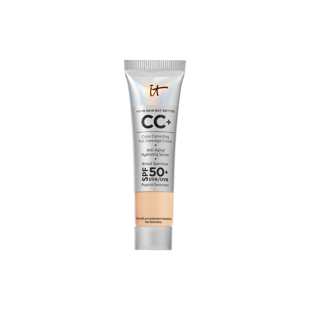 IT Cosmetics CC Plus Travel bottle pump shows portable packaging with SPF 50+ protection