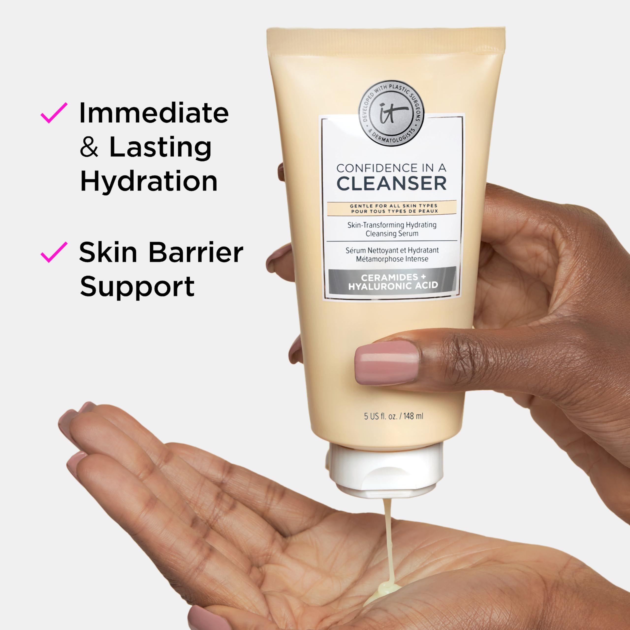 IT Cosmetics Confidence in a Cleanser Travel gentle makeup removal shown with residue-free finish