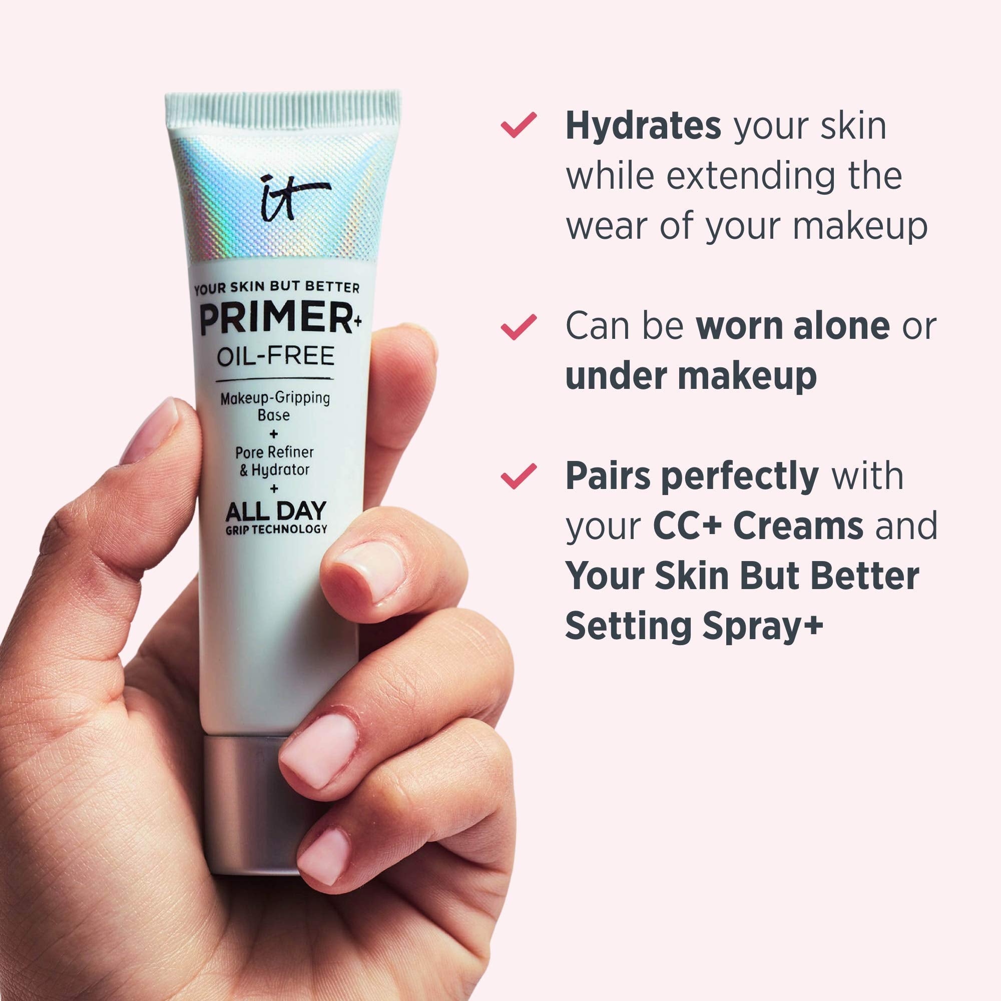 IT Cosmetics Your Skin But Better Primer+ pores-refinement look closeup hints at smoother skin.