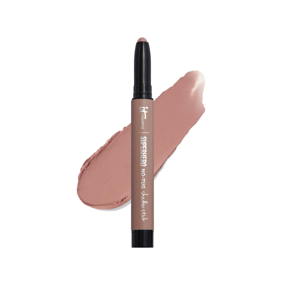 IT Cosmetics Superhero No-Tug Stick with open cap showing creamy texture and built-in primer.