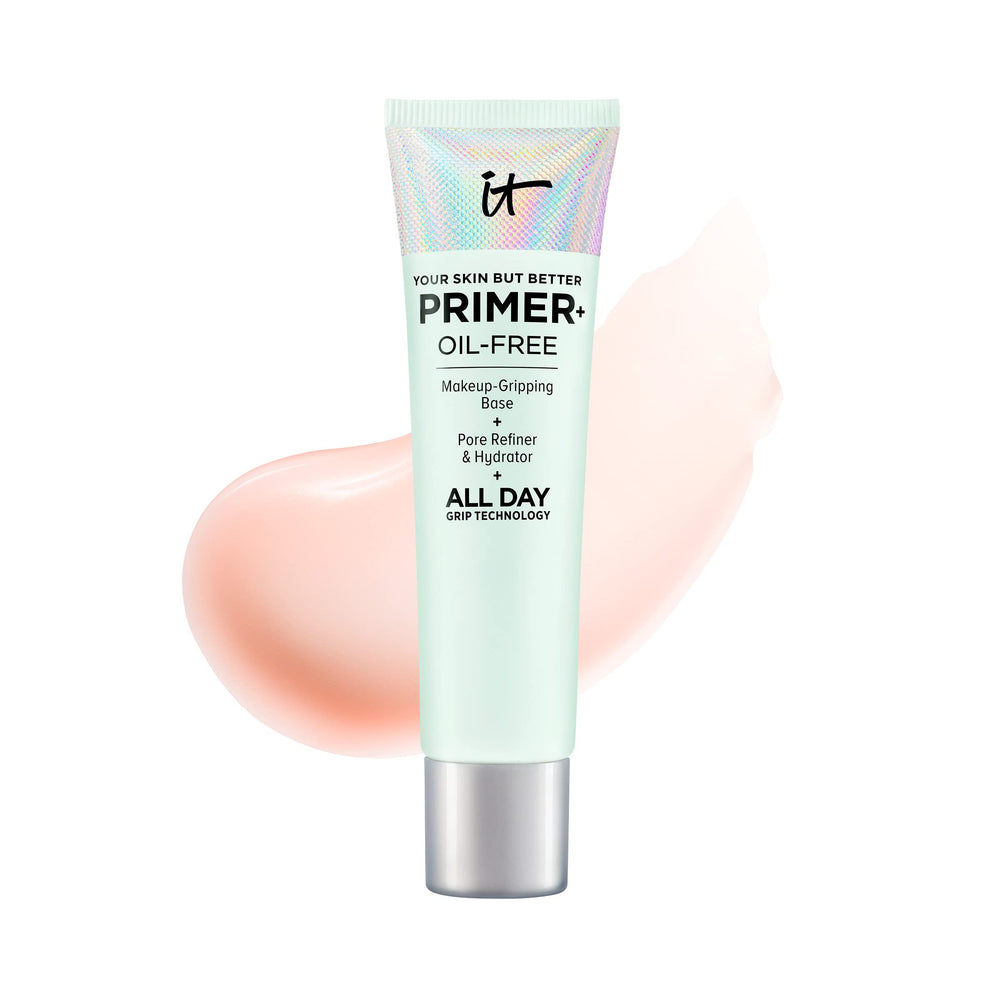 IT Cosmetics Your Skin But Better Primer+ bottle closeup showing long-wear potential.
