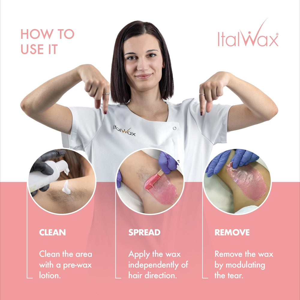 Made in Italy: Italwax Pink Pearl hard wax beads for consistent texture.