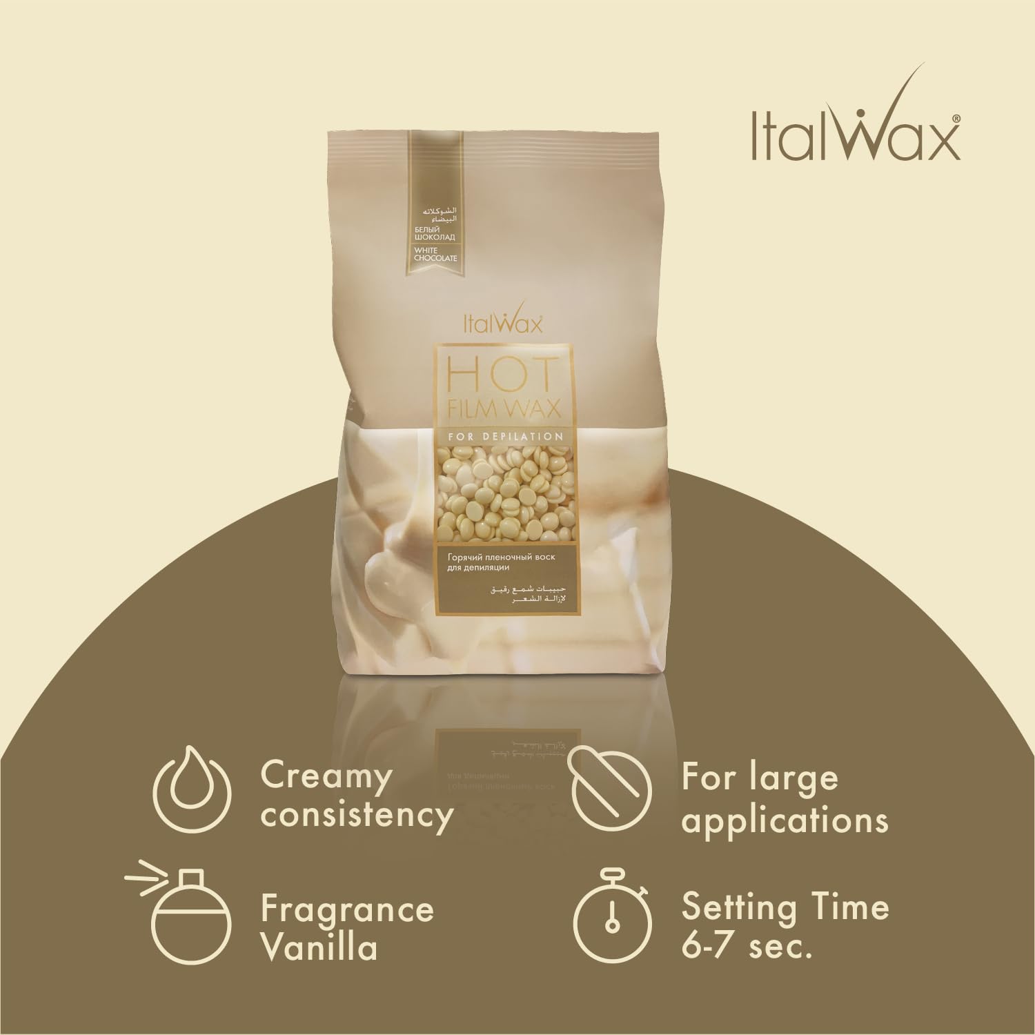 Italwax White Chocolate beads closeup showing smooth application and aroma