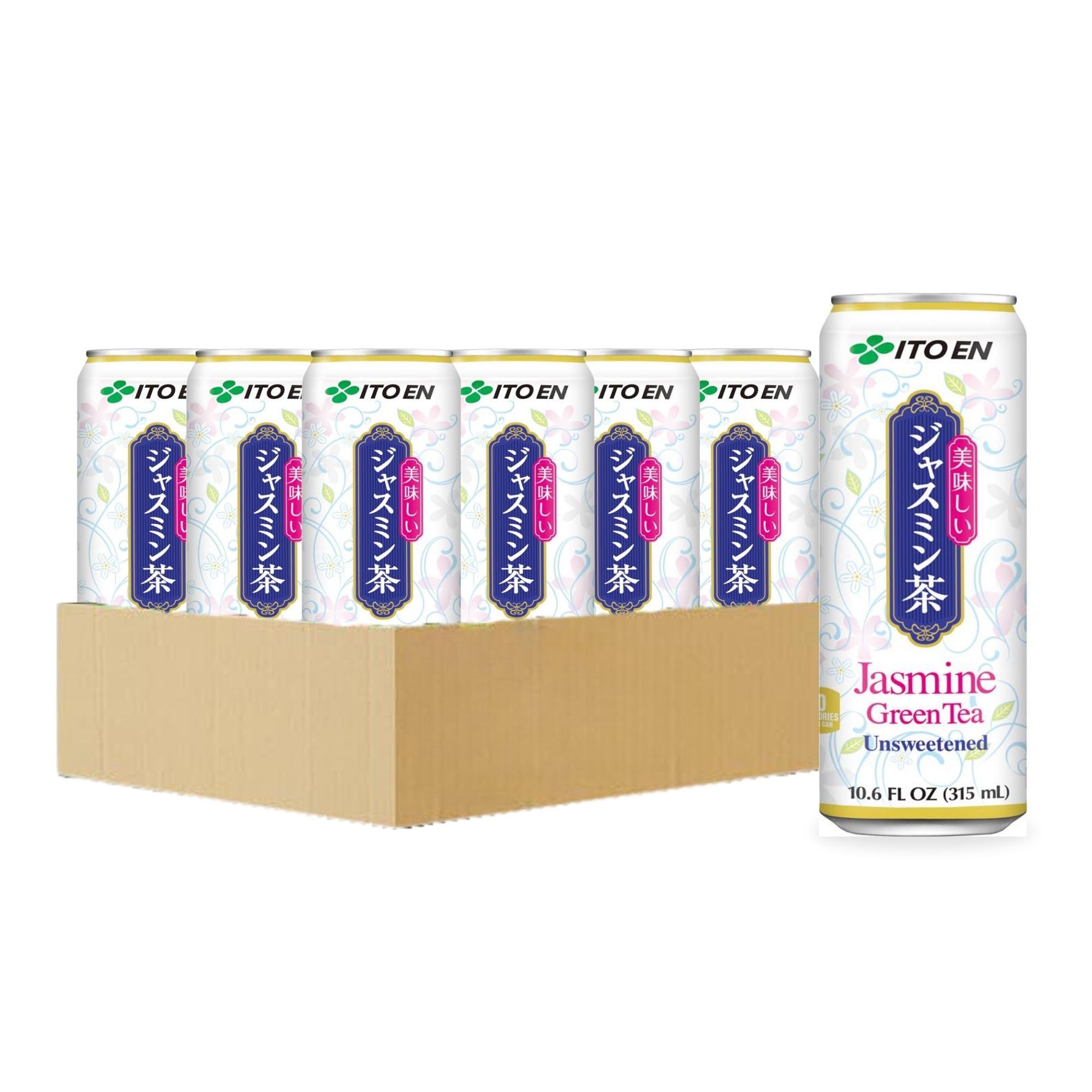 Ito En Jasmine Green Tea packaging label showing unsweetened, fragrant blend.