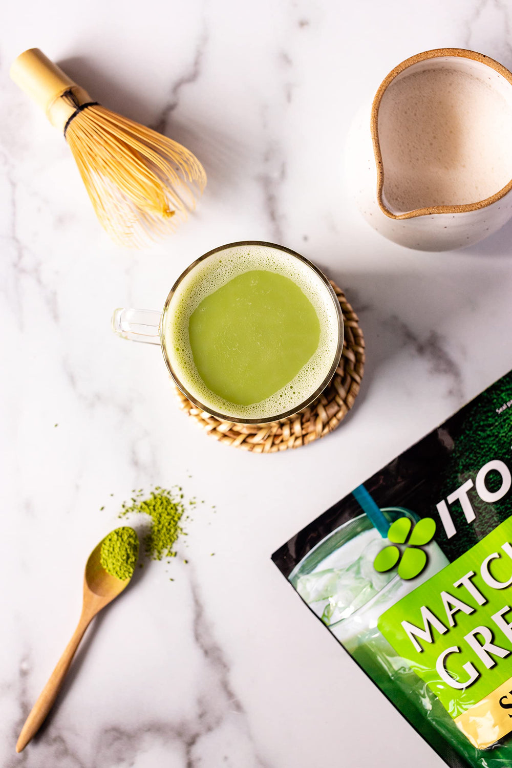 Ito En matcha latte in glass, vibrant and inviting
