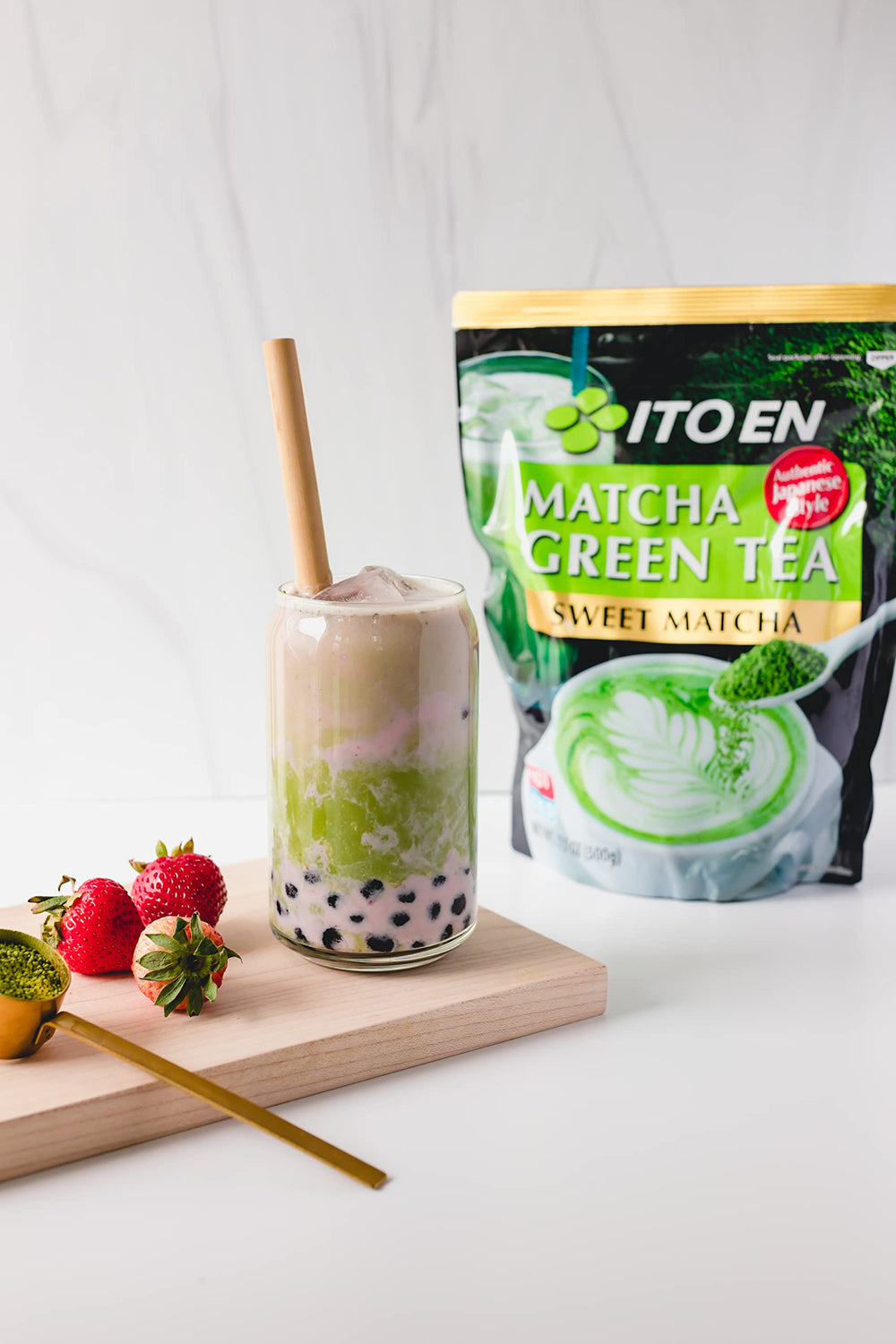 Ito En matcha packaging jar on counter